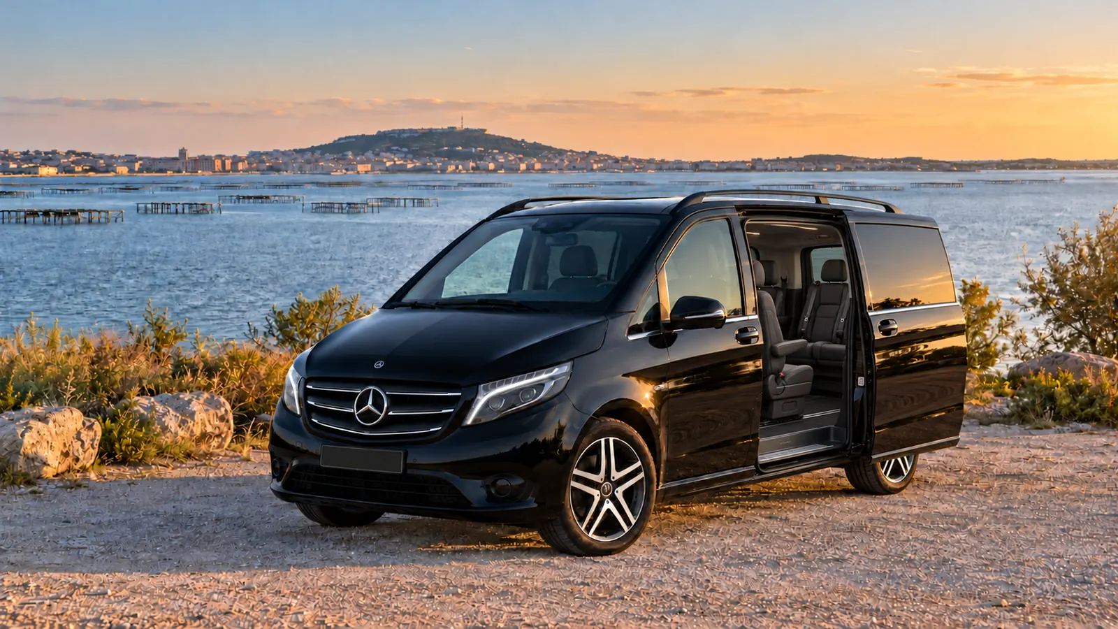 Mercedes Classe V noire, porte latérale ouverte, au bord de l'étang de Thau face à Sète