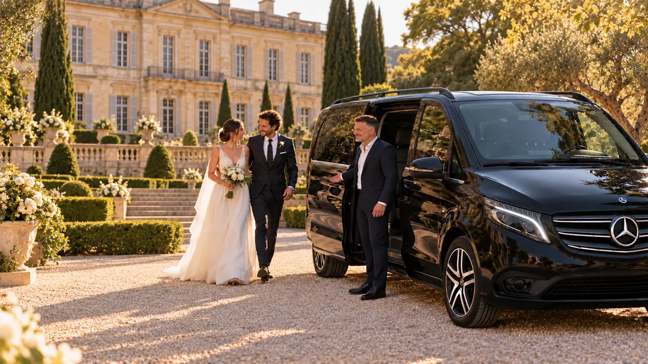 Mariés accueillis par leur chauffeur devant la Mercedes Classe V, dans la cour d'un domaine